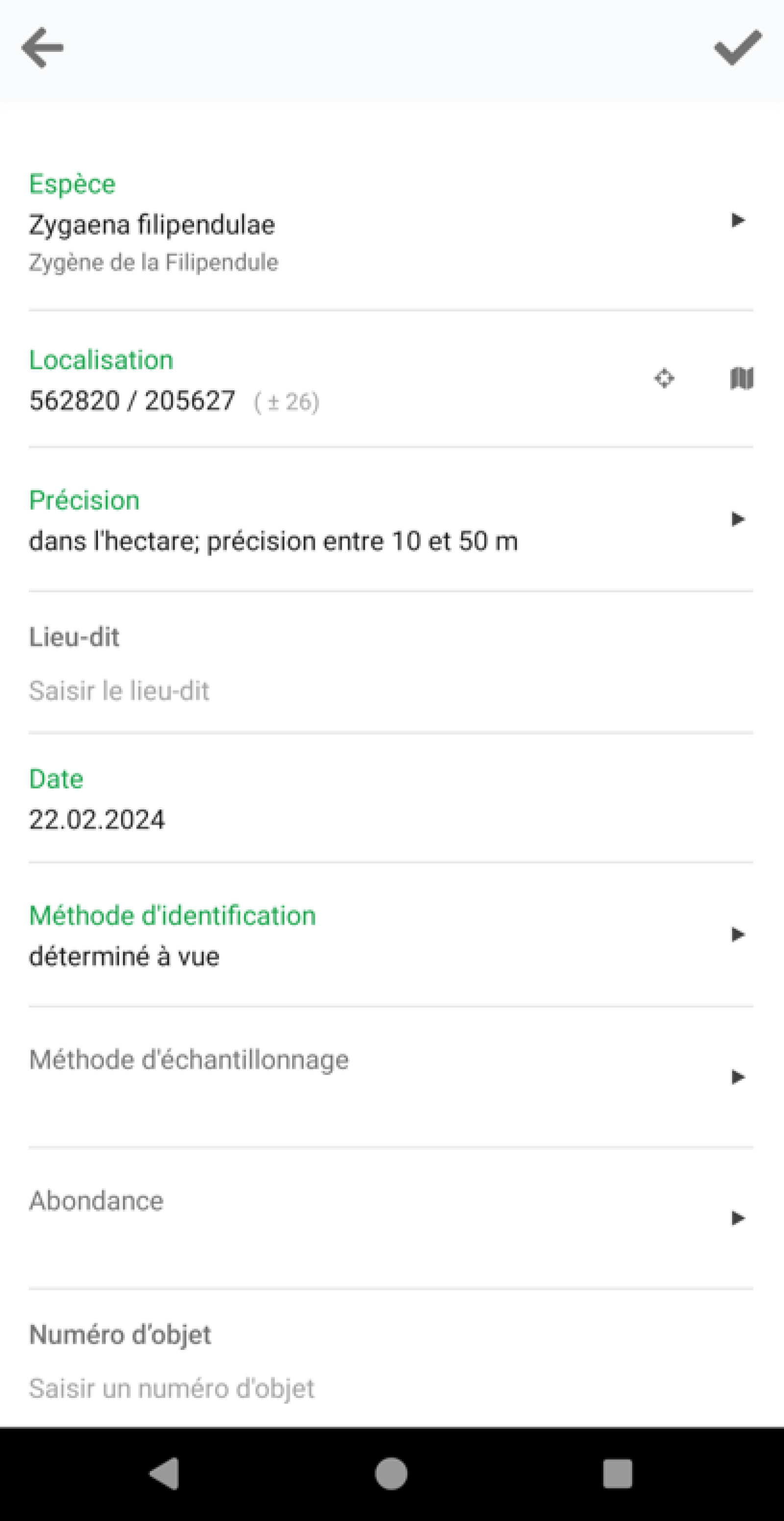 Forumulaire de saisie de Webfauna App