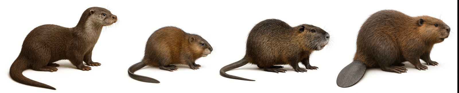 Fischotter, Bisamratte, Nutria, Biber im Vergleich