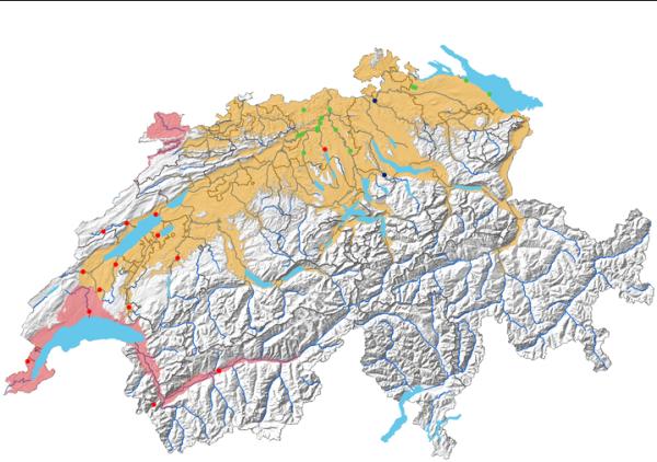 Emplacements où les castors réintroduits en Suisse ont été lâchés (© info fauna)