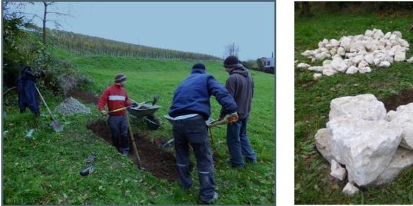 3 Fotos, welche die Erstellung eines Steinriegels zeigen